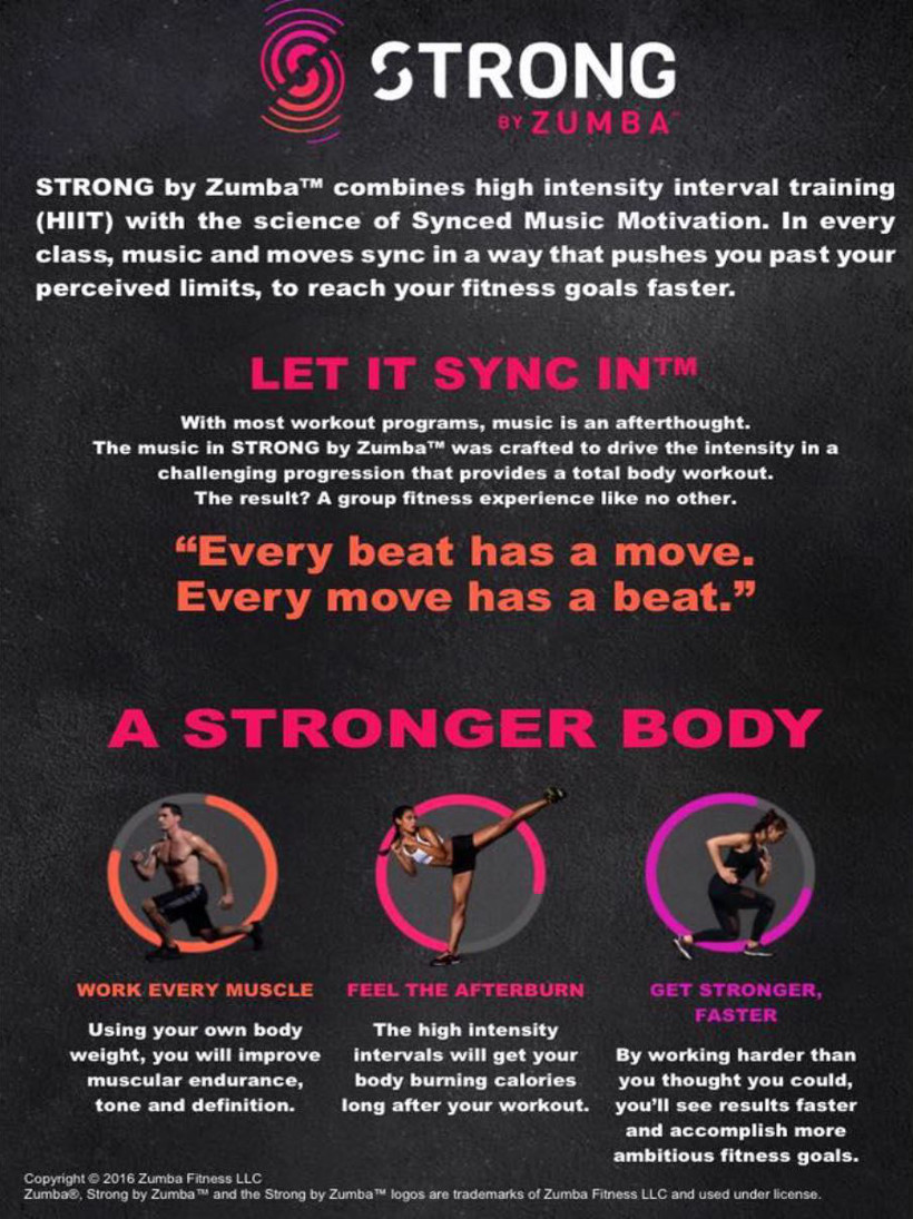 Strong by Zumba - let it sync in - a stronger body - work every muscle - feel the afterburn - get stronger, faster.